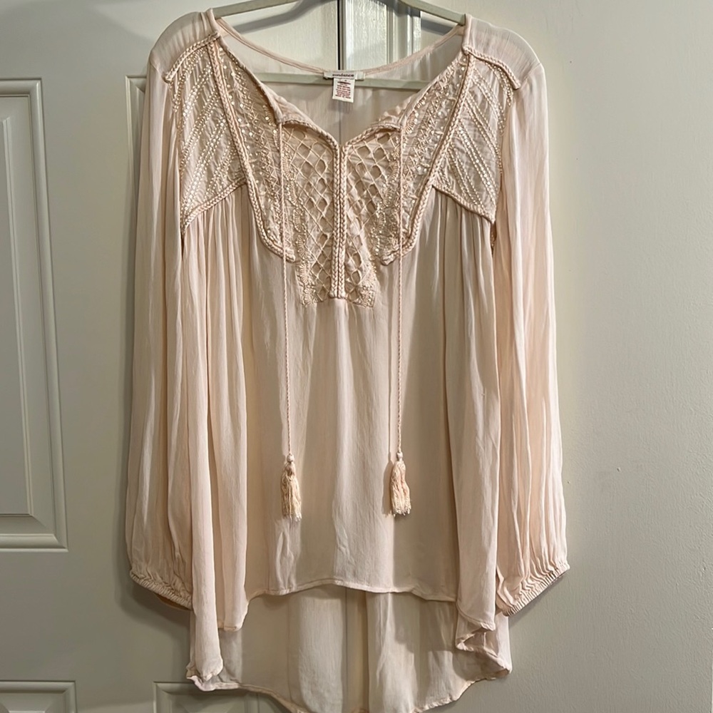 Boho Lace-Trim Peasant Blouse - Cream